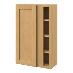 a wooden cabinet with two doors and shelves