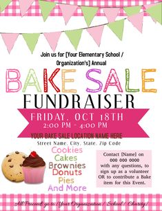 a flyer for bake sale with cupcakes and bunnies on the side