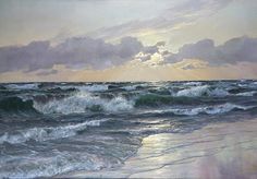 a painting of the ocean with waves coming in to shore and sun shining through clouds