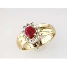 Royal 14K Yellow Gold Oval Ruby & Round Diamond Ring - 0.45 Carat Ruby, 0.26 Carat Diamond Total Weight Oval Halo Ring For Formal Occasions, Elegant Ruby Ring With Oval Diamond, Oval Ruby Ring With Diamond, Formal Oval Cabochon Ruby Ring With Diamond, Formal Ruby Ring With Diamond And Oval Cabochon Shape, Classic Red Oval Diamond Ring, Formal Yellow Gold Oval Cabochon Diamond Ring, Formal Ruby Ring With Oval Cabochon, Formal Diamond Ring With Brilliant Cut Oval Cabochon