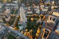 an aerial view of a city with tall buildings and lots of trees in the foreground