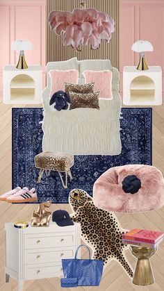 a bedroom with pink walls, leopard print rugs and accessories