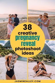 three photos with the words 33 creative pregancy reveal photoshot ideas on them