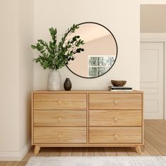 a mirror on the wall above a dresser with a potted plant next to it