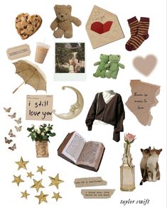 there are many items that can be found in this collage, including books and teddy bears