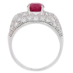 1.90 CTS Red Ruby and 1.07 CTS White Diamond 18K White Gold Ring. Measures approximately 1.00"L X 0.81” W and has a finished under-gallery. Ring comes with a GCAL Lab Report indicating Excellent Craftsmanship. Red Diamond Ring With Brilliant Cut In Platinum, Red Center Stone Platinum Ring, Red Brilliant Cut Diamond Ring In Platinum, Red Platinum Diamond Ring With Brilliant Cut, Red Brilliant Cut Platinum Diamond Ring, Red Platinum Ring With Center Stone, Red Diamond Platinum Ring, Luxury Red Platinum Rings, Luxury Hallmarked Red Rings