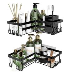 two black shelves with soaps, lotions and other bathroom items