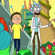 rick and mort on an escalator in the cartoon rick's adventure time