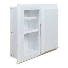 an open white cabinet with two shelves on each side and one door opened to reveal the contents