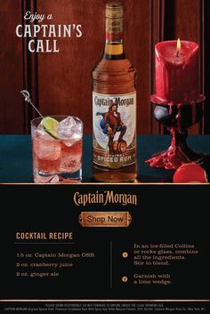 an advertisement for captain morgan's spiced rum, with candles and cocktails