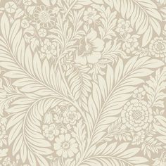 an ornate floral wallpaper pattern in grey and white with large, leafy flowers