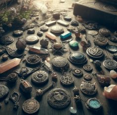 many different types of buttons on a table