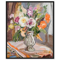 a painting of flowers in a silver vase on a table cloth with an open book