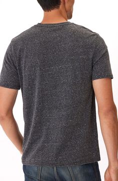 A softly slubbed knit brings casual, old-favorite vibes to a T-shirt crafted for feel-good comfort with recycled and sustainably produced fibers. 28" length (size Medium)   V-neck   Short sleeves   50% recycled polyester, 38% organic cotton, 12% rayon   Machine wash, dry flat   Imported Casual Washed Black T-shirt For Loungewear, Washed Black Crew Neck T-shirt For Loungewear, Casual Tri-blend Crew Neck T-shirt, Washed Black Crew Neck Top For Loungewear, Comfortable Gray Crew Neck T-shirt, Casual Washed Black Tops For Gatherings, Soft-washed Black T-shirt For Loungewear, Black Soft-washed T-shirt For Loungewear, Washed Tri-blend Cotton Tops