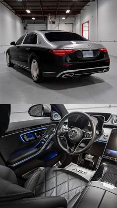 the inside and outside view of a mercedes s - class car in an empty garage