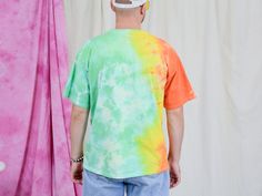 "UNCLE ED PRESENTS - reworked - tie-dyed t-shirt - short sleeve - materials: cotton CONDITION (1-10 ❶❷❸❹❺❻❼❽❾ Great condition. SIZE/MEASUREMENTS size from label: XL best fits: L/XL chest: 47 inches (120 cm) length: 29 inches (74 cm) The model is 6'1\" (186 cm), measures 41-35-39 (104-88-100 cm) and wears size L" Summer Multicolor T-shirt With Rainbow Print, Cotton Tie Dye T-shirt With Rainbow Print, Summer Tie Dye T-shirt With Rainbow Print, Multicolor Rainbow Print T-shirt For Summer, Multicolor Rainbow Print T-shirt With Short Sleeves, Gradient Cotton Crew Neck T-shirt, Rainbow Print Cotton T-shirt With Short Sleeves, Summer Cotton Gradient Tops, Multicolor Short Sleeve T-shirt For Streetwear