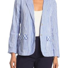 A breathable, cotton blended jacket with a heat set wrinkle detail and gingham printing offers a laid-back, chic style. - Notch collar - Long sleeves - Front button closure - Allover gingham print - Heat set wrinkle detail - 2 front flap patch pockets - Back vent - Approx. 26" length - Imported Spring Plaid Cotton Outerwear, Casual Gingham Outerwear With Pockets, Preppy Long Sleeve Spring Blazer, Cotton Gingham Outerwear For Spring, Spring Gingham Cotton Outerwear, Spring Gingham Blazer With Long Sleeves, Plaid Long Sleeve Blazer For Spring, Casual Plaid Button-up Blazer, Plaid Blazer For Spring