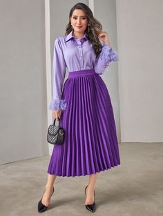 Purple Pleated Skirt Outfit, Blouse And Skirt Outfit, Long Skirt With Shirt, Long Pleated Skirt Outfit, Long Skirt And Blouse, Shirt And Skirt Outfit, Purple Skirt Outfit, Purple Fashion Outfit, Blue Skirt Outfits