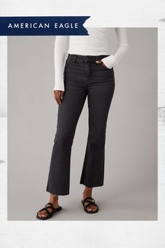 Next Level Stretch/Our softest, stretchiest, never-loses-its-shape denim./Holds its shape & won't bag out. Ever./Black wash Stretch Flare Jeans For Everyday Fall Wear, Mid-rise Bottoms For Everyday Use In Fall, Black Cropped Jeans Outfit, Flare Black Jeans Outfit, Black Jean Outfits, Faded Black Jeans Outfit, Black Jeans Outfit Summer, Black Jeans Outfit Fall, Wash Jeans Outfit