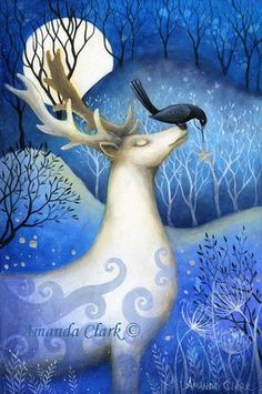 a painting of a deer with a bird on it's antlers in front of a full moon