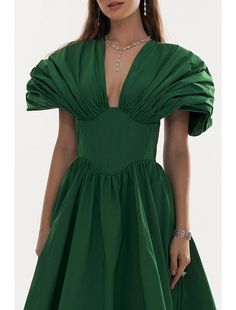 A-Line Evening Gown Elegant Christmas Red Green Dress Formal Black Dress Plus Size Fall Floor Length Short Sleeve V Neck Satin with Pleats 2024 A-line Cocktail Dress For Christmas, Pleated V-neck Dress For Party Season, Green Puff Sleeve Dress For Wedding, Elegant Christmas Dresses With Ruffles, Fitted Christmas Evening Dress, Green Puff Sleeve Mini Dress For Evening, Green Evening Dress For Christmas, Green Puff Sleeve Party Dress, Fitted V-neck Christmas Dress