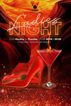 a flyer for a night club with red shoes and a martini