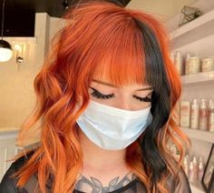 Rust Orange Hair Color, Copper Two Tone Hair, Half Brown Half Copper Hair Split, Gray And Orange Hair, Ginger Hair Combos, Half Black Half Copper Hair, Orange Hair With Black Streaks, Halloween Color Hair, Fall Split Dye Hair