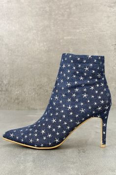 Khristyn Dark Blue Denim Star Print Ankle Booties 1 Next Shoes, Dressy Sandals, Cute Boots, Dark Blue Denim, Cute Sandals, Shoes Outlet, Cool Boots, Womens Ankle Boots, Stylish Shoes