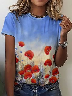 Crew Neck Loosen T-Shirts is fashionable and cheap, come to Lilicloth to find out about the Clothing Poppy Print, Vintage Casual, Crew Neck Top, Low Price, Floral Tops, How To Find Out, Womens Tops, Crew Neck, T Shirts For Women