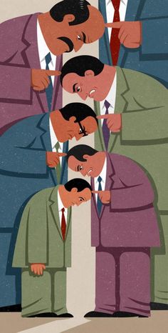 an animated image of three men in suits and ties, one is looking at another man's face