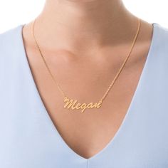 The style is in the spelling with this on-trend personalized necklace. Created in sterling silver with 14K gold plate, this elegant design showcases the name of your choice - between three and 10 characters in length - sculpted in a flowing script font. Polished to a bright shine, this moniker suspends centered along an 18.0-inch cable chain that secures with a spring-ring clasp. Classic Personalized Name Necklace, Classic Engraved Nameplate Necklace, Elegant 14k Gold Custom Name Necklace, Customized Yellow Gold Sterling Silver Name Necklace, Elegant Custom Nameplate Name Necklace, Elegant Custom Name Nameplate Necklace, Elegant Sterling Silver Nameplate Necklace, Classic Formal Name Necklace With Custom Name, Minimalist Nameplate Necklace For Formal Occasions