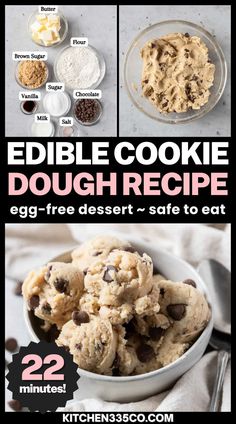 a bowl of cookie dough scoops under a shot of the ingredients in small glass bowls Cookie Dough For One, Edible Chocolate Chip Cookie Dough, Gluten Free Cookie Dough, Cookie Dough To Eat, Edible Cookie Dough Recipe, No Bake Cookie Dough, Cookie Dough Recipe, Raw Cookie Dough, Vegan Cookie Dough