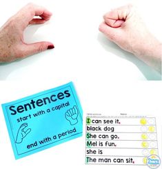 two hands are shown with the words sentences in front of them, and an image of