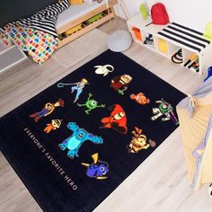 a child's room with toys and rugs on the floor