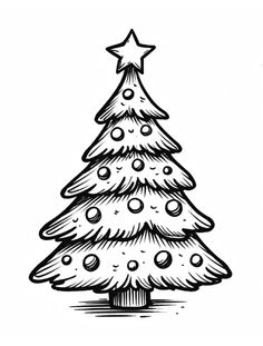 a black and white drawing of a christmas tree