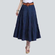 Elevate your wardrobe with our 2023 Spring-Summer Y2K-inspired long flare denim skirt! This eye-catching piece features a high-waist. tiered design with an embroidered y2k pattern. sanded finish. and a rubber closure for a perfect fit. Get ready to make heads turn with this timeless masterpiece!Why You'll Fall In Love Y2K Vibes: This statement piece is a vibrant tribute to the millennium's legendary fashion sense. High-Waist Design: Crafted to flatter your figure. the high-waist fit is perfect f Spring Flared Cotton Skirt, Flared Denim Skirt For Summer, Casual Flare Skirt For Summer, Spring Denim Blue Tiered Skirt, Denim Blue Tiered Skirt For Spring, Denim Blue Cotton Ruffled Skirt, Denim Tiered Maxi Skirt For Summer, Summer Denim Tiered Maxi Skirt, Flared Lined Skirt For Summer