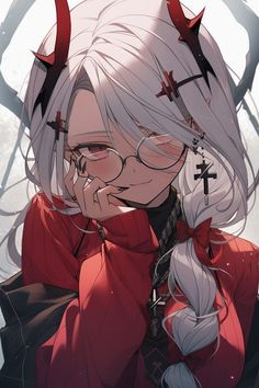 an anime character with white hair and glasses, wearing red clothes while holding her hand to her face