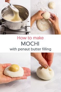 steps of making mochi with peanut butter filling Filled Mochi Recipe, Mochi Filling Recipe, Mochi Dough Recipe, Japanese Candy Recipe, How To Make Mochi Recipes, Mochi Filling Ideas, Easy Mochi Recipe Simple, Peanut Butter Mochi Recipe, Healthy Mochi