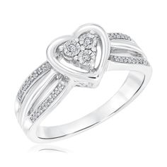 Offer her a symbol of your commitment in with this romantic diamond heart ring. Crafted in sterling silver, this ring boasts three round diamonds enveloped within an open heart frame. Additional round diamonds sparkle along the split shank design of the band. Diamonds are 1/15ctw, I or better in color, and I3 or better in clarity. The ring measures 8.5mm across the top and 2mm across the bottom. Double Heart Diamond Ring With Accents For Valentine's Day, Open Heart Diamond Accents Promise Ring, Open Heart Diamond Accented Promise Ring, Valentine's Day Double Heart Diamond Ring With Accents, Valentine's Day Open Heart Ring With Diamond Accents, Open Heart Diamond Ring For Anniversary, Diamond Heart Ring, Heart Frame, Split Shank