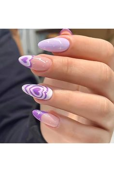 Press on Nails Almond Medium Length Fake Nails with Purple Heart and Star Designs French Tip False Nails Purple and Nude Full Cover Glossy Acrylic Nails Summer Glue on Nails for Women and Babes 24Pcs Purple French Tip, Purple French, Country Nails, Long Almond, Nails Kit, Nails Purple, Almond Shape, Nails Almond