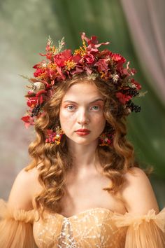 Big boho flower wreath in autumn woodland wedding It's made of artificial flowers, preserved material, artificial black berries and other material used for arranging.   When stored in dry and dark place, our products last 10-15 years. We can also make you other matching accessories. Please message me for more information. :) Photo: Michaela durisova photography Model: stalker agency ---------------------------------------------------------------- SHIPPING INFO FOR EU ORDERS: Standard shipping: Y Spring Crown, Colorful Flower Crown, Wedding Flower Crown, Autumn Wedding Headpiece, Autumn Flower Crown, Flower Crowns, Fall Floral Headpiece, Fall Floral Crown, Autumnal Flower Crown