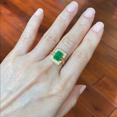 Description: 14k Solid Gold Rectangle Green Jade Women Ring Item No.: P285 Metal Type: 14k Solid Real Gold, Not Filled Or Plated (Stamped "75%" Which Means 18k, But Only Pass Our 14k-16k Test, So We Have This For Sale As 14k Gold) Metal Color: Yellow Gold. Stones: B Jade And Cubic Zirconia Measurement: Size 6.25. Center: 14 X 10 Mm. Jade 8 X 6 Mm. Approximate Weight: 3.14 Gram(S) Brand New With Box. Never Worn. Emerald Ring In 14k Yellow Gold With Square Cut, Square Cut Emerald Ring In 14k Yellow Gold, 14k Yellow Gold Emerald Ring With Rectangular Stone, Square Cut Emerald Rings In Gold, Luxury Yellow Gold Emerald Cut Emerald Ring, Luxury Yellow Gold Emerald Cut Ring, Square Cut Emerald Gold Rings, Luxury Rectangular Emerald Ring With Center Stone, Classic Gold Square Cut Emerald Ring