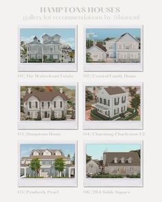 four different styles of houses with the names and numbers on them