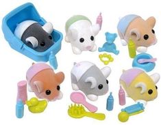 the toy animals are all different colors and sizes, including one with a toothbrush