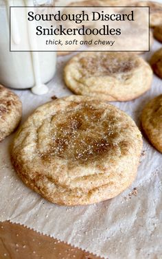 Sourdough snickerdoodle cookies on parchment paper. Sourdough Discard Toaster Strudel, Snickerdoodle Sourdough Cookies, Sourdough Discard Snickerdoodle, Discard Cookies Easy, All Things Sourdough, Sourdough Discard Churros, Sourdough Discard Snickerdoodles, Sourdough Discard Snickerdoodle Cookies, Oatmeal Sourdough Cookies