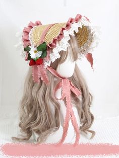 This price is for a bonnet only, others are not included.Bowknots and strawberries are detachable. Handmade Cute Adjustable Bonnet, Whimsical Handmade Bonnet, One Size Fits Most, Adjustable Ruffled Bonnet, Handmade Cute Pink Bonnet, Handmade Whimsical Bonnet, One Size, Lace Diy, Pink Ruffle, Girls Valentines, Ruffle Trim