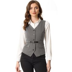 The formal business vest is a must-have for any fashion-forward wardrobe. The button front closure helps you put on and take off this vest easily. Pockets and the belt make it more designed. Styled with the trousers, necklace, chic bag, and high heels as your business look. Suitable for spring/summer/autumn/winter and many occasions, such as work, parties, and meetings. In a charming design, this special and elegant vest adds to your choice for the upcoming seasons. Ladies Vest Outfit, Punk Business Casual, Urinetown Costumes, Womans Vest, Outfit With Vest, Outfit Formal Mujer, Elegant Vest, Business Vest, Vest Outfits For Women