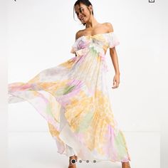 Worn Once To A Wedding For A Few Hours. Got So Many Compliments!!! So Pretty, Flowy And Comfortable Floral Design Off-Shoulder Style Zip-Back Fastening Regular Fit Yellow Floral Print Maxi Dress For Wedding, Yellow Maxi Dress With Ruffles For Wedding, Yellow Floral Print Dress For Wedding, Yellow Wedding Maxi Dress With Ruffles, Yellow Summer Wedding Dress, Off The Shoulder Maxi Dress, Off Shoulder Fashion, Asos Dress, Floral Print Dress