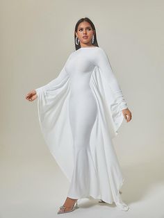 Spring Evening Long Sleeve Dress With Draped Sleeves, Stretch Long Sleeve Dress For Evening, Evening Long Sleeve Maxi Dress With Draped Sleeves, Formal Long Sleeve Maxi Dress With Draped Sleeves, White Billowy Long Sleeve Maxi Dress, Flowy Long Sleeve Maxi Dress For Evening, White Long Sleeve Stretch Maxi Dress, White Stretch Long-sleeve Maxi Dress, Elegant Long Sleeve Maxi Dress With Draped Sleeves