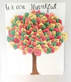 a family tree made out of hearts with the words we are grateful written on it